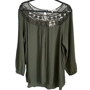 Daniel Rainn Top Blouse NWT Crochet Lace Yolk Sz XL Long Sleeves Olive Feminine